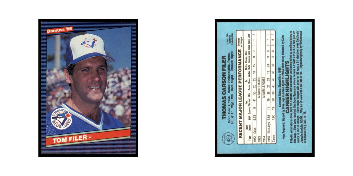 1986 Donruss Tom Filer Blue Jays #439