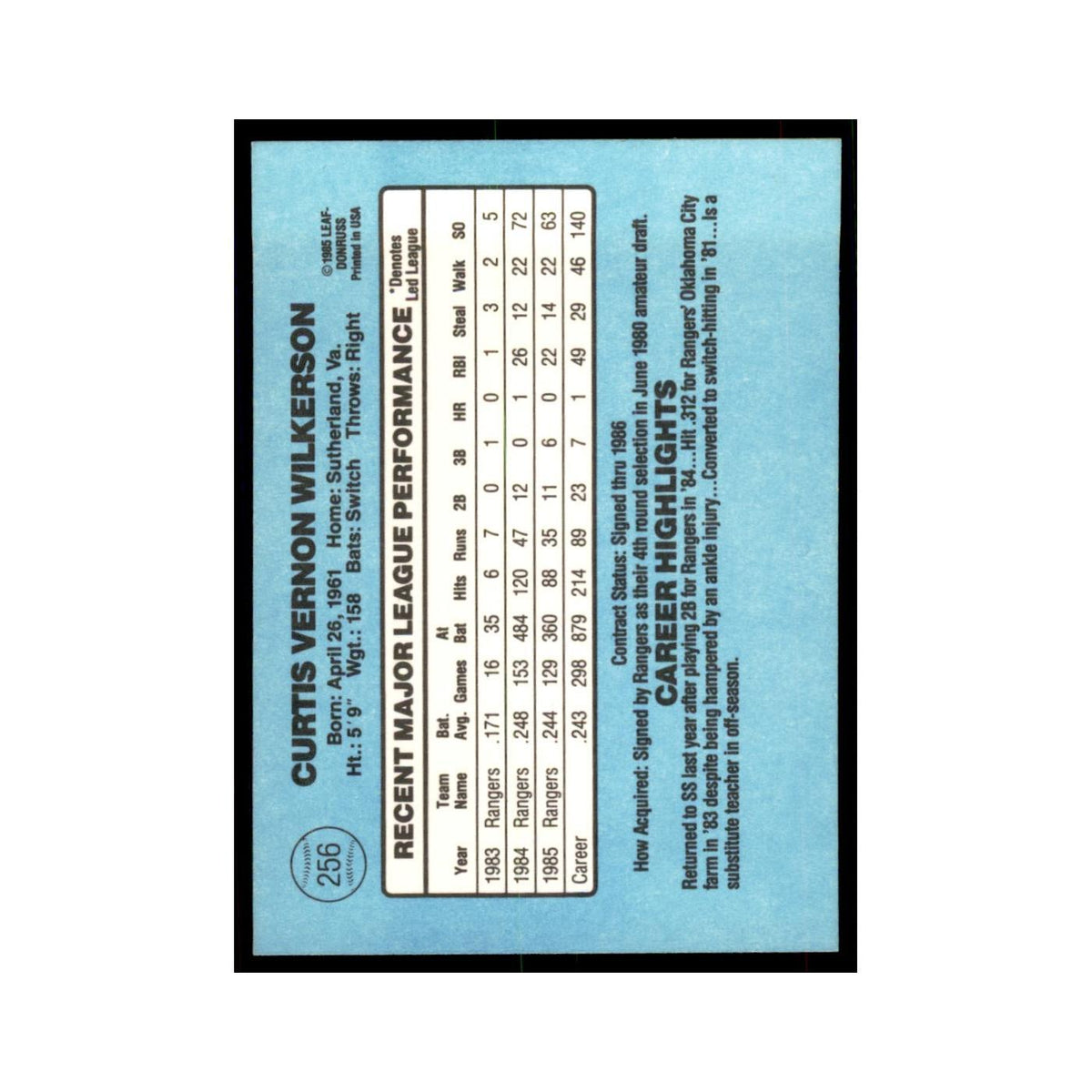1986 Donruss Curtis Wilkerson Rangers #256