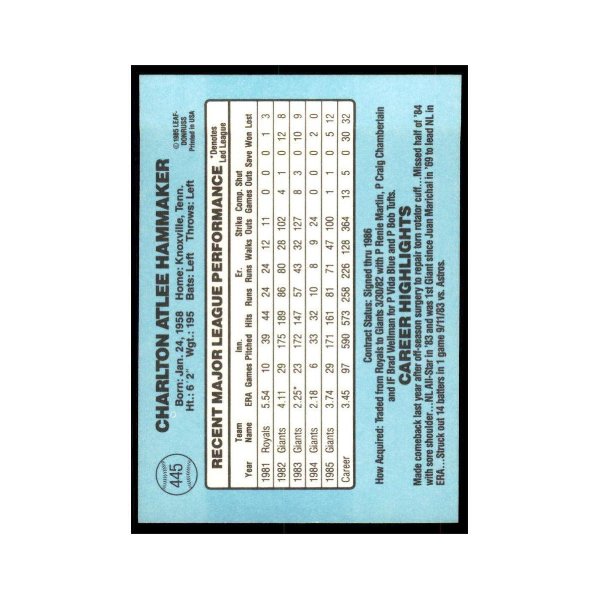 1986 Donruss Atlee Hammaker Giants #445