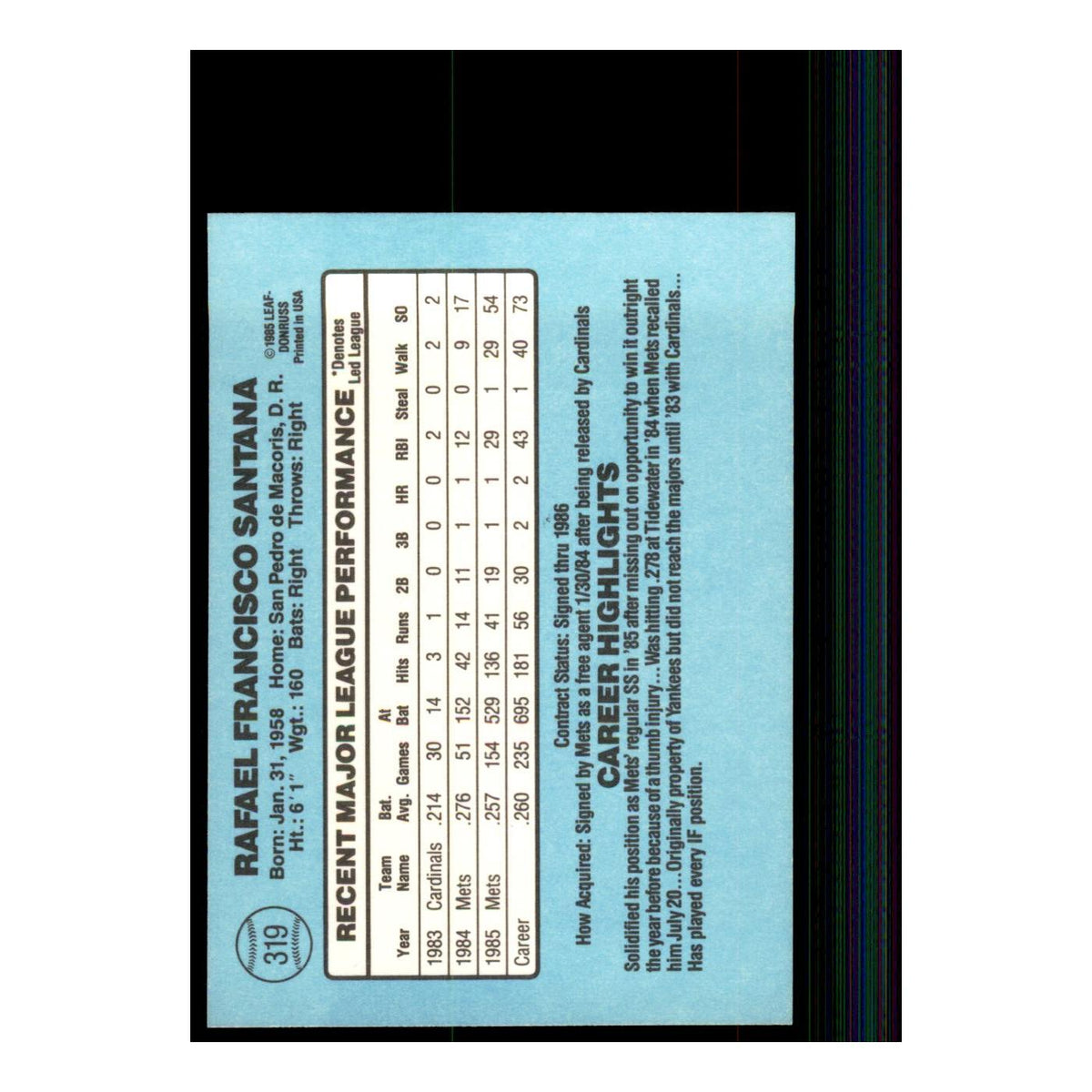 1986 Donruss Rafael Santana Mets #319