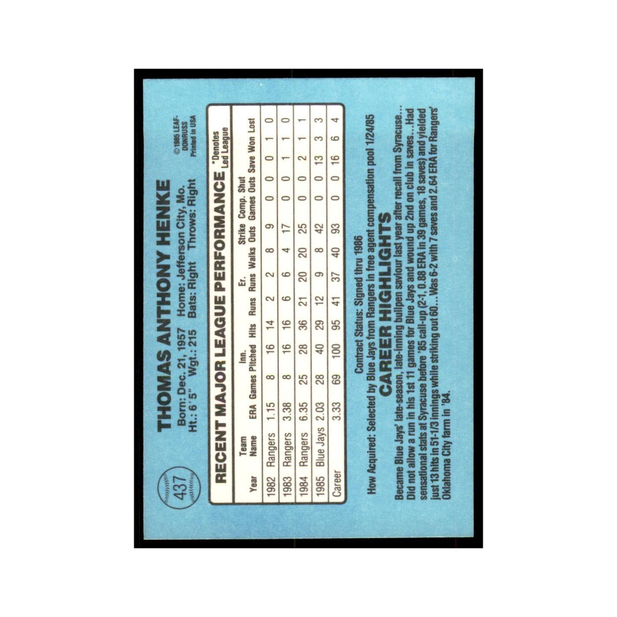 1986 Donruss Tom Henke Blue Jays #437