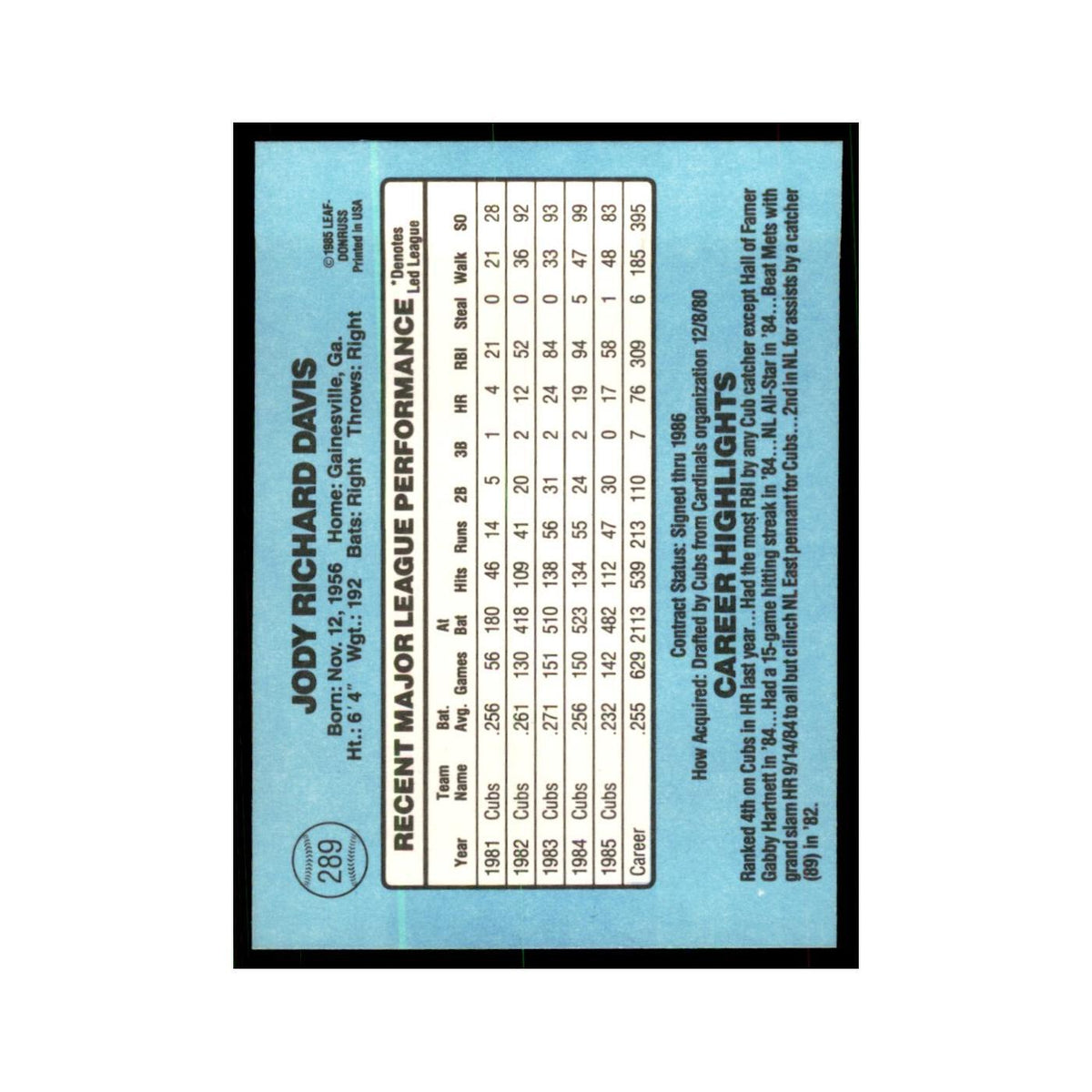 1986 Donruss Jody Davis Cubs #289