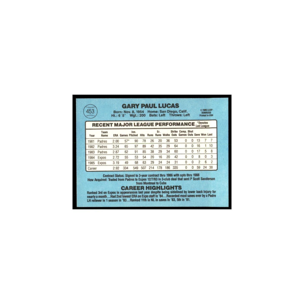 1986 Donruss Gary Lucas Montreal Expos #453