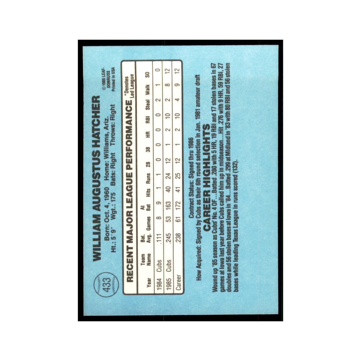 1986 Donruss Billy Hatcher Cubs #433