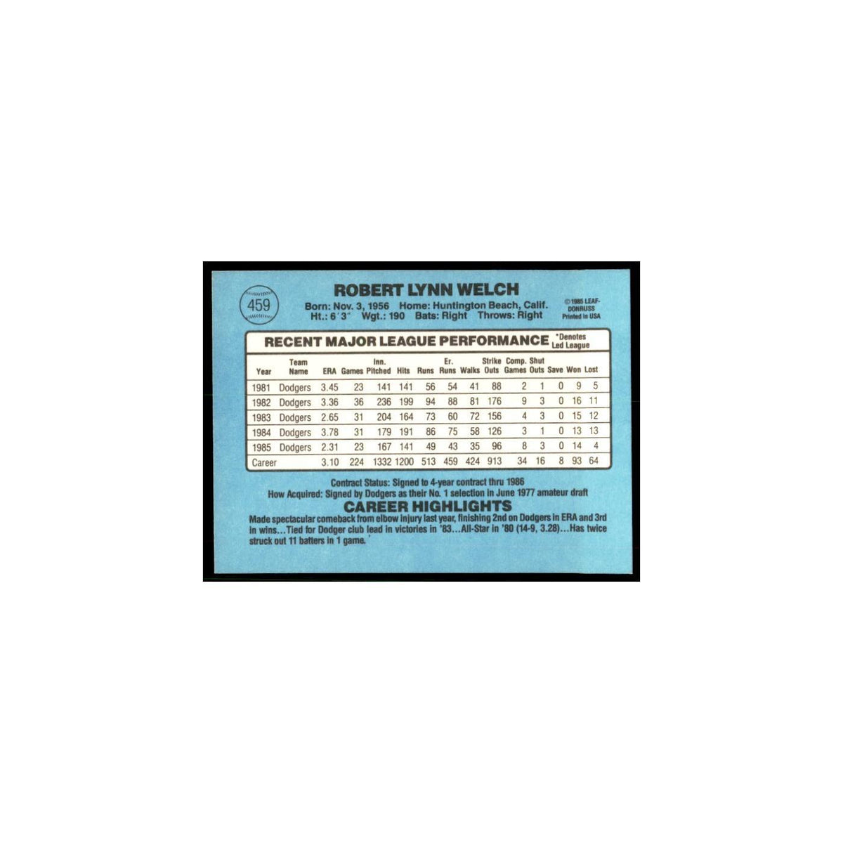 1986 Donruss Bob Welch Dodgers #459