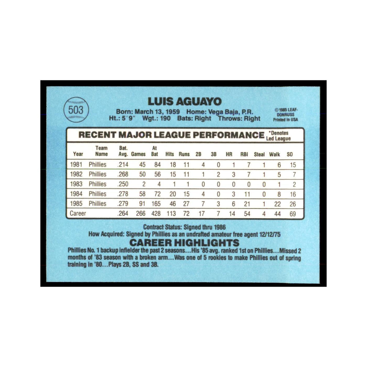 1986 Donruss Luis Aguayo Phillies #503