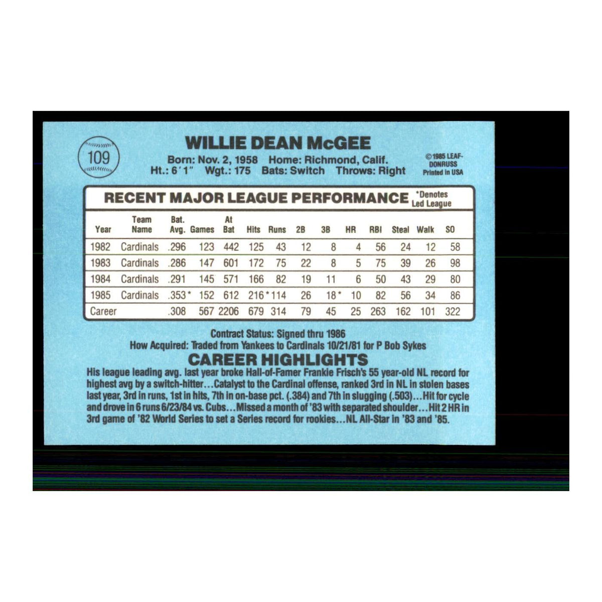 1986 Donruss Willie McGee Cardinals #109