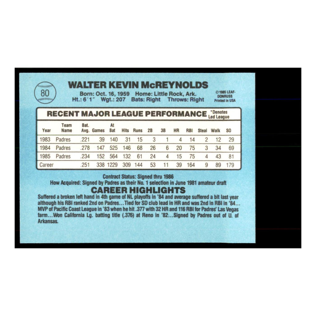 1986 Donruss Kevin McReynolds Padres #80