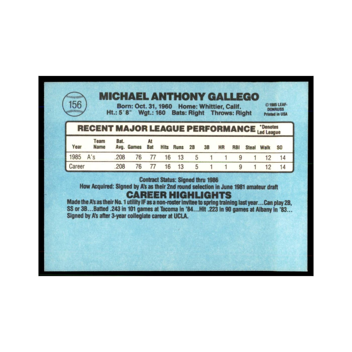 1986 Donruss Mike Gallego RC Athletics #156