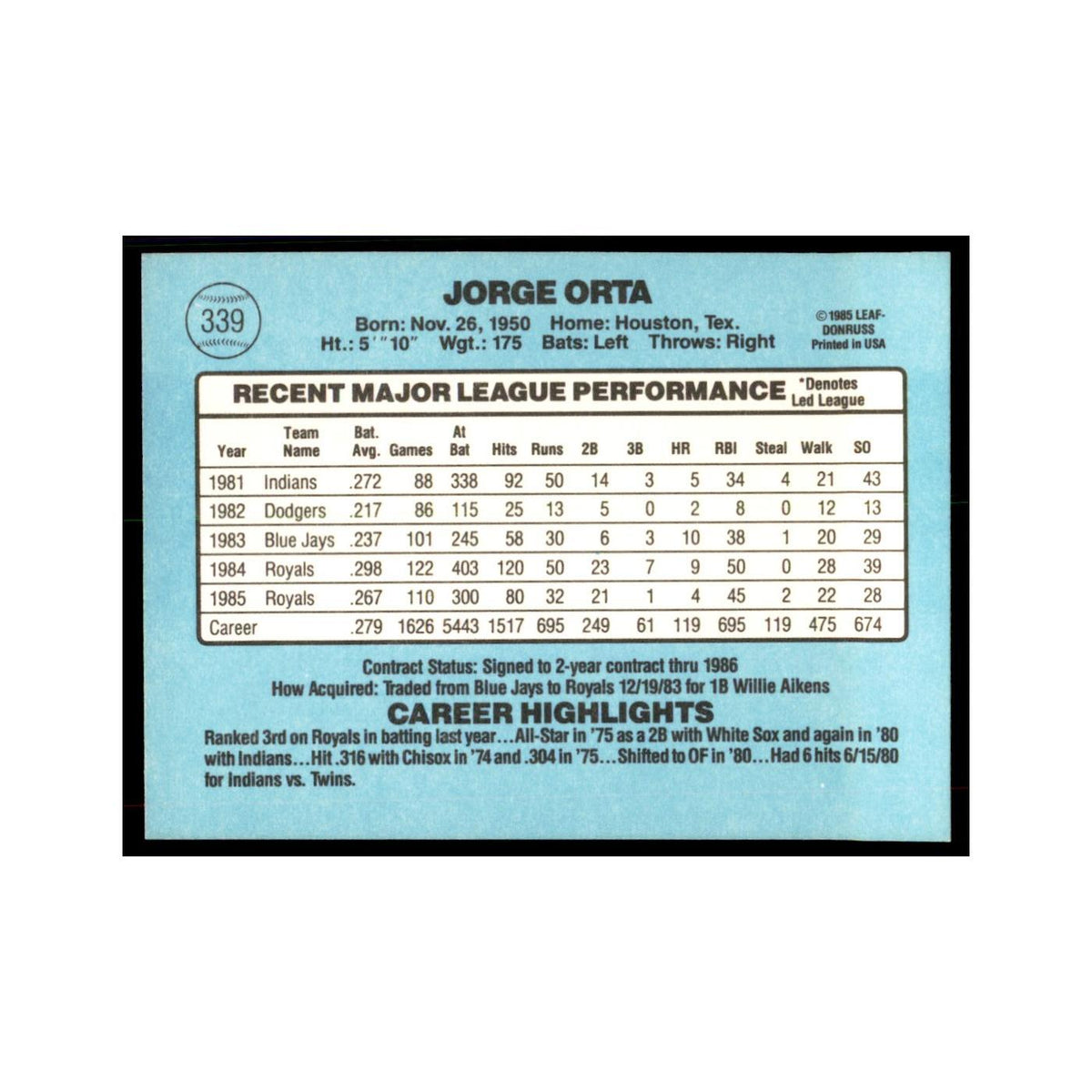 1986 Donruss Jorge Orta Royals #339