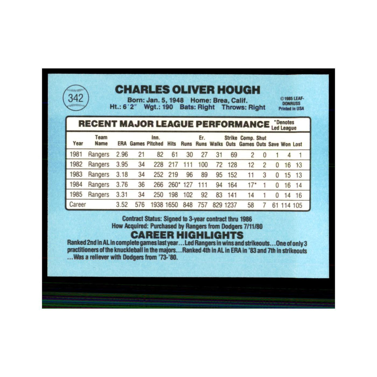 1986 Donruss Charlie Hough Rangers #342