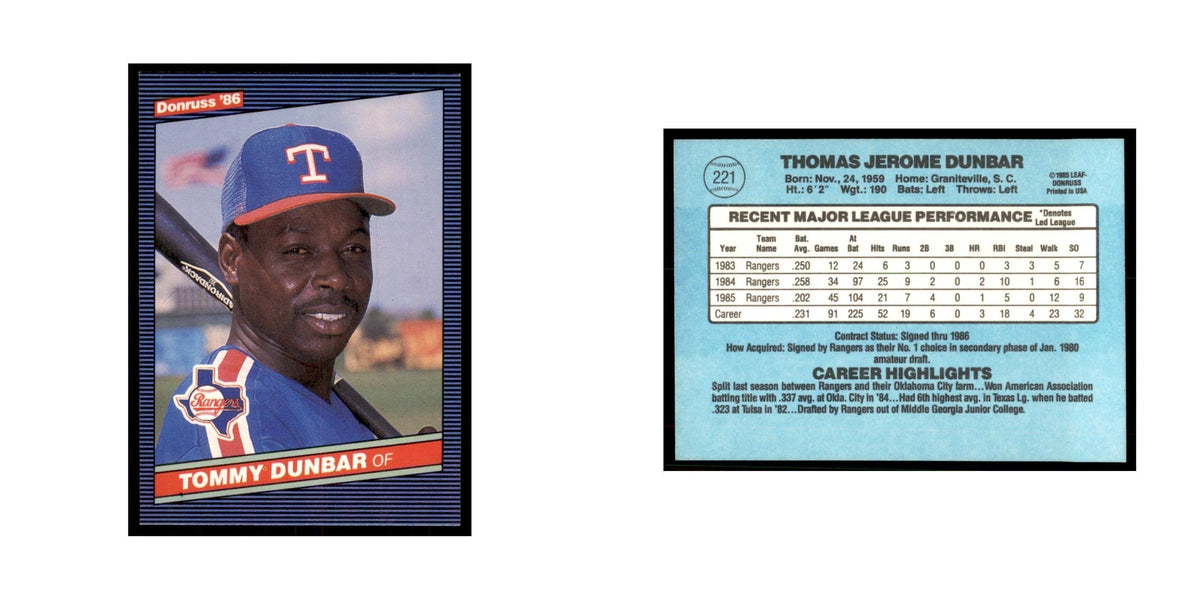 1986 Donruss Tommy Dunbar Rangers #221