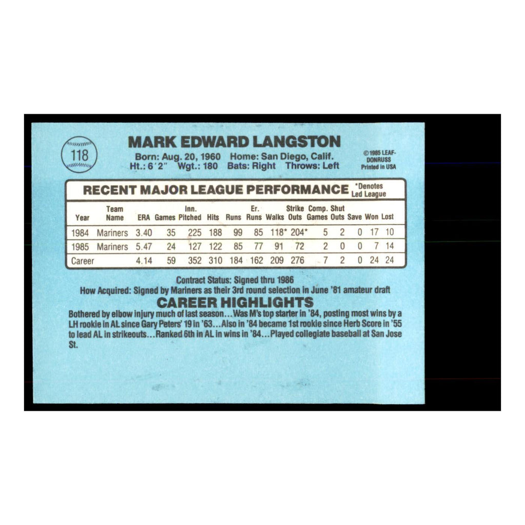 1986 Donruss Mark Langston Mariners #118