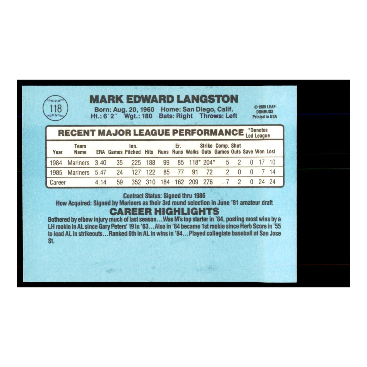 1986 Donruss Mark Langston Mariners #118