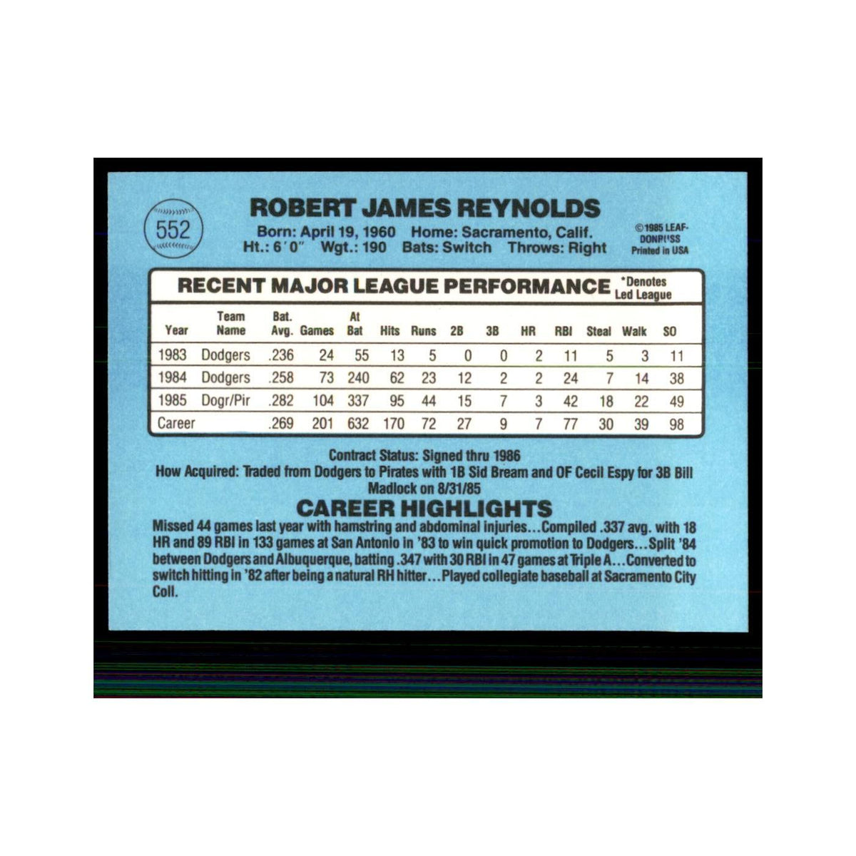 1986 Donruss R.J. Reynolds Pirates #552