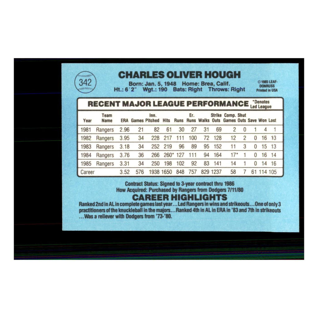 1986 Donruss Charlie Hough Rangers #342