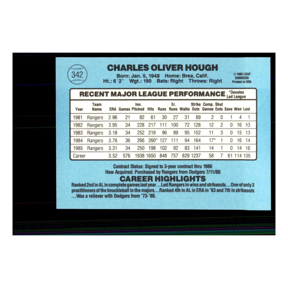 1986 Donruss Charlie Hough Rangers #342