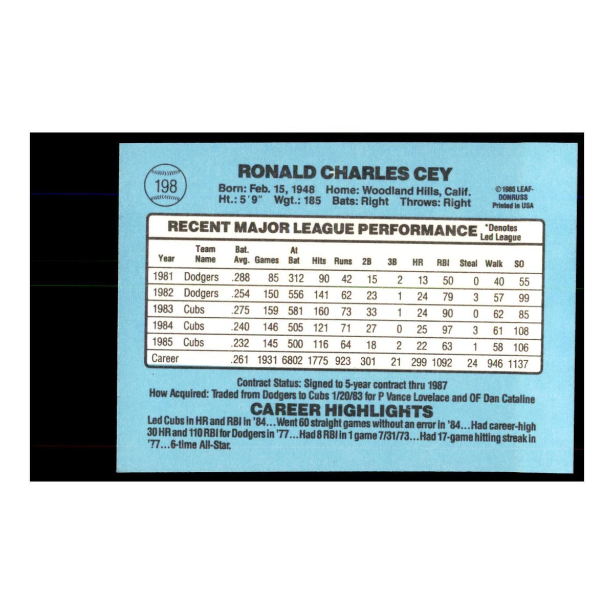 1986 Donruss Ron Cey Cubs #198