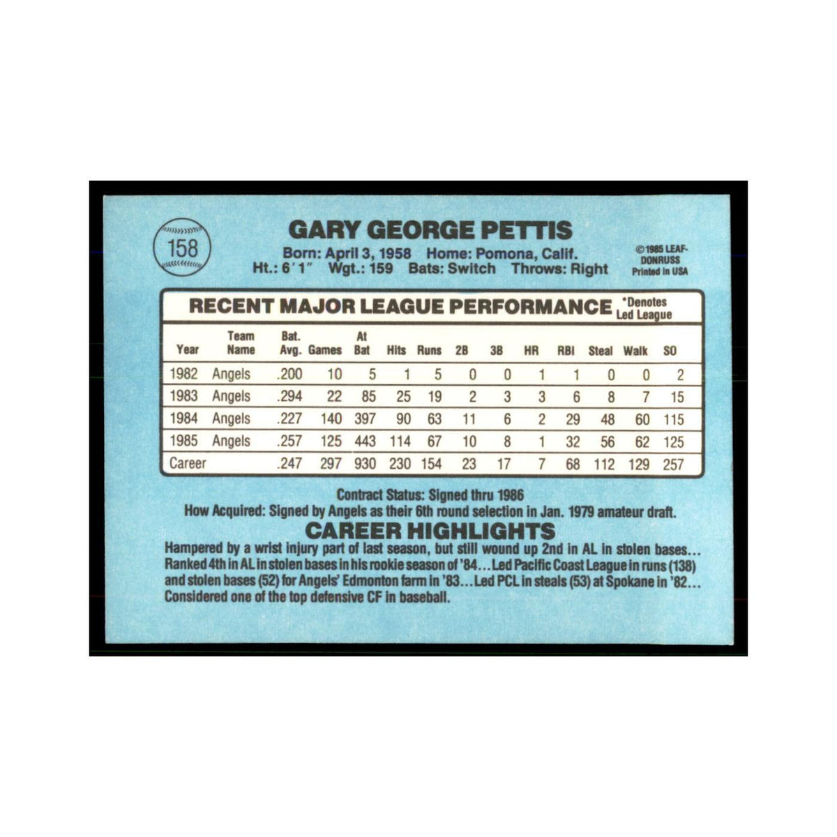 1986 Donruss Gary Pettis Angels #158