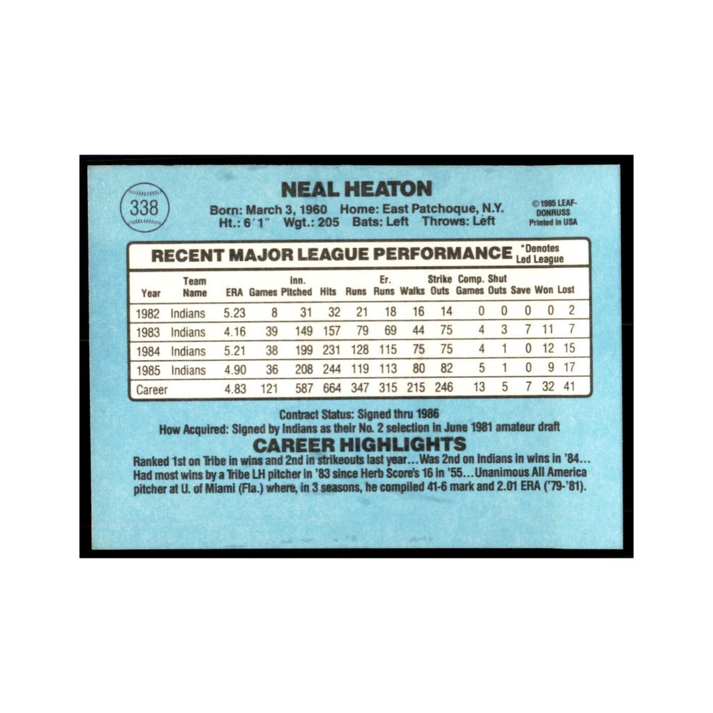 1986 Donruss Neal Heaton Indians #338