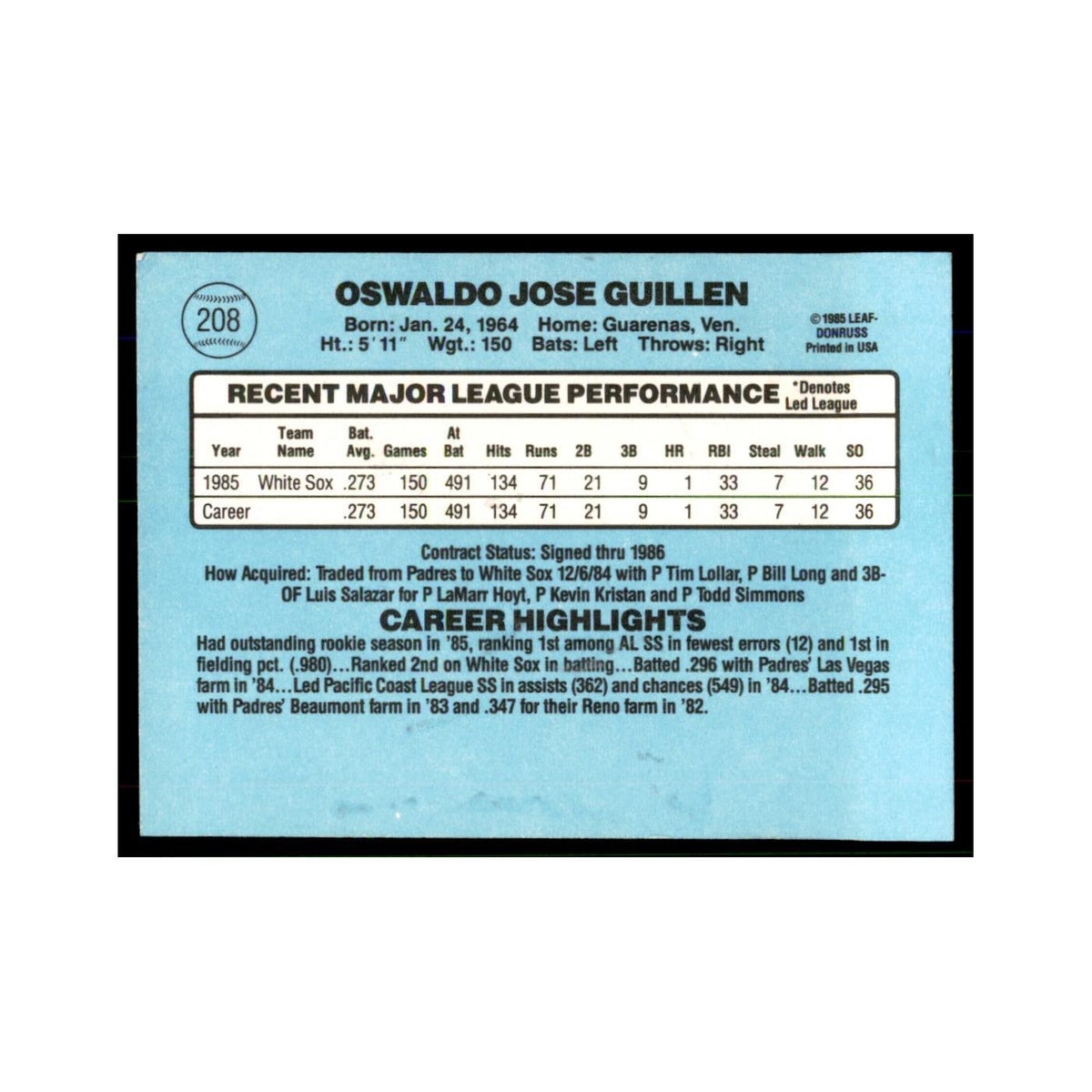 1986 Donruss Ozzie Guillen RC White Sox #208