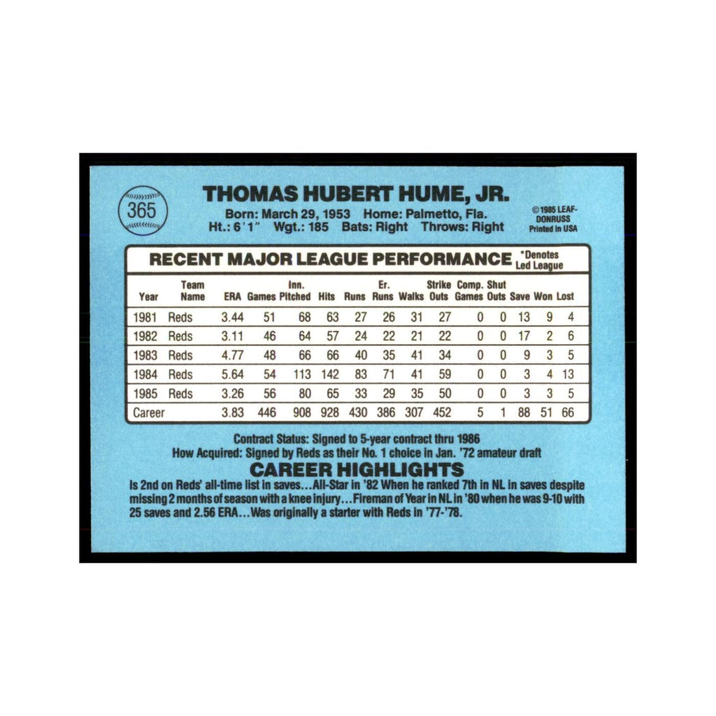 1986 Donruss Tom Hume Reds #365