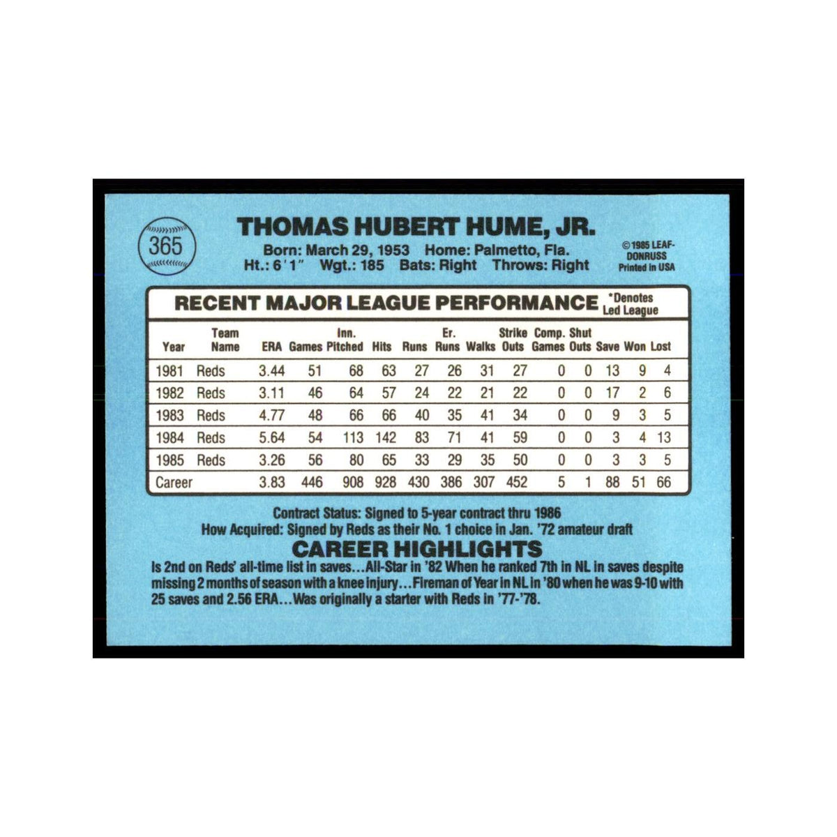 1986 Donruss Tom Hume Reds #365
