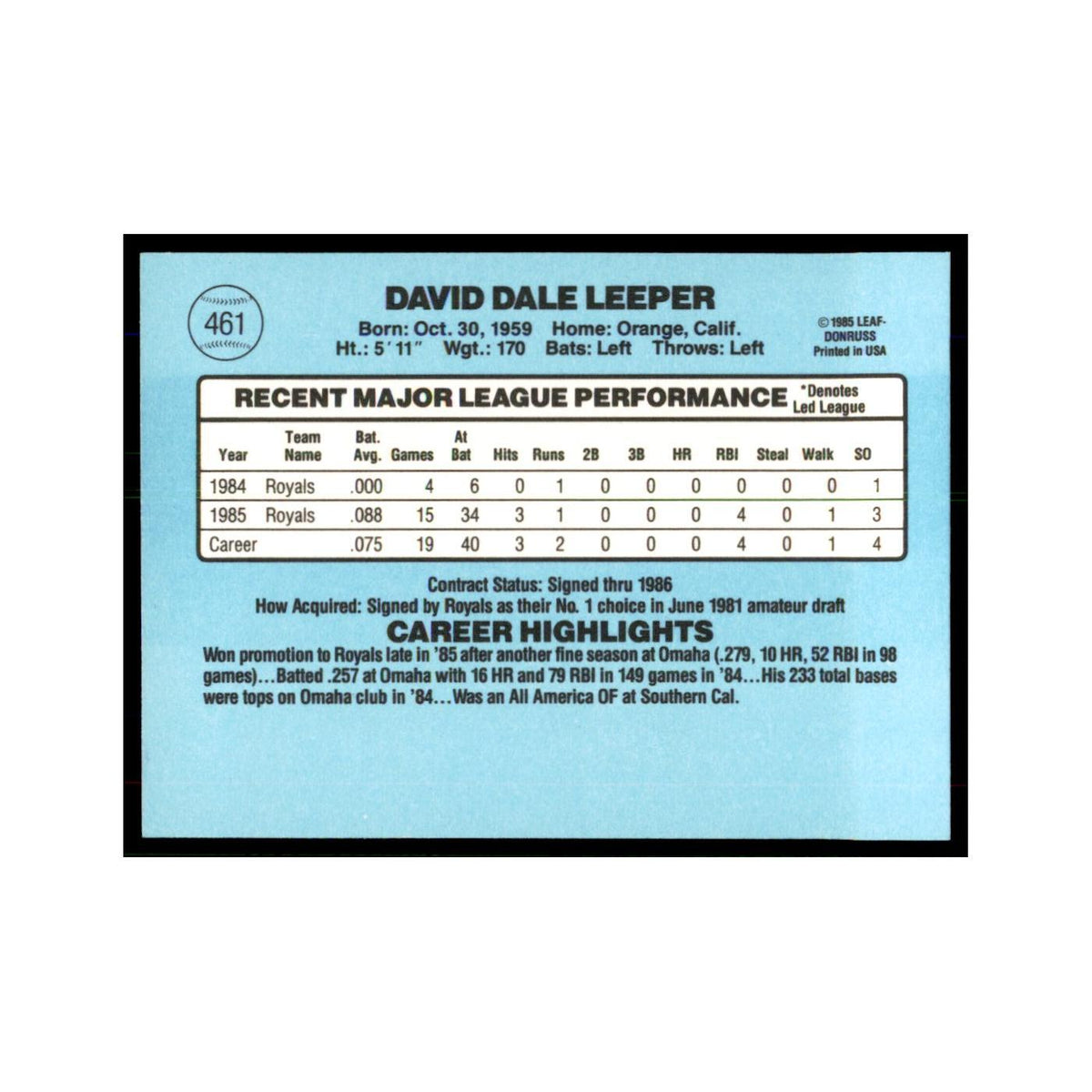 1986 Donruss Dave Leeper RC Royals #461