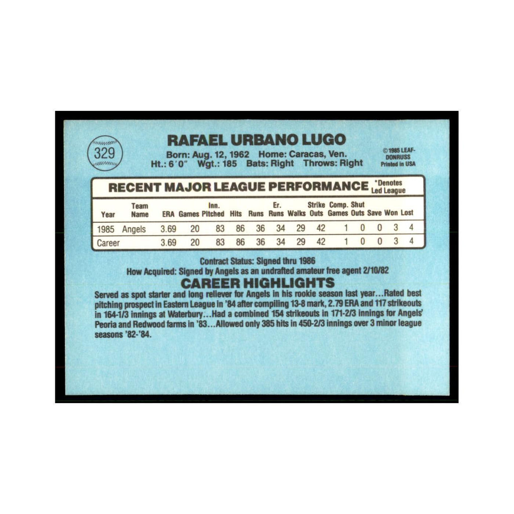 1986 Donruss Urbano Lugo RC Angels #329