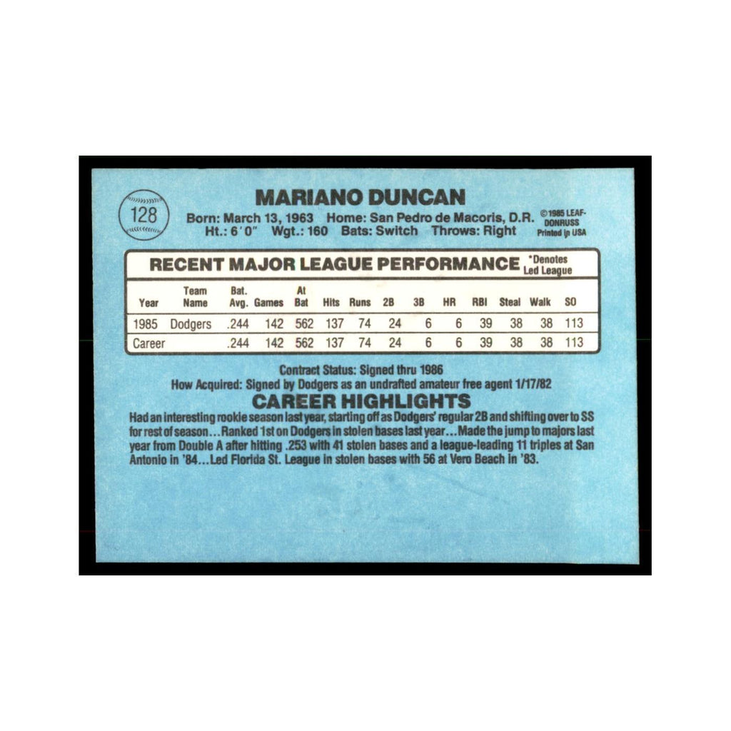 1986 Donruss Mariano Duncan RC Dodgers #128