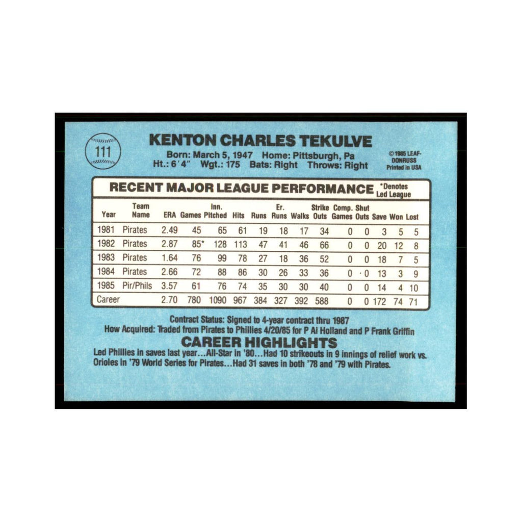 1986 Donruss Kent Tekulve Phillies #111
