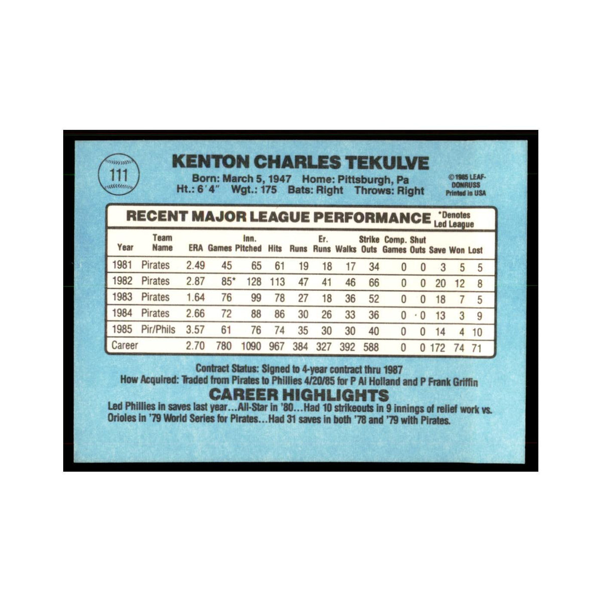 1986 Donruss Kent Tekulve Phillies #111