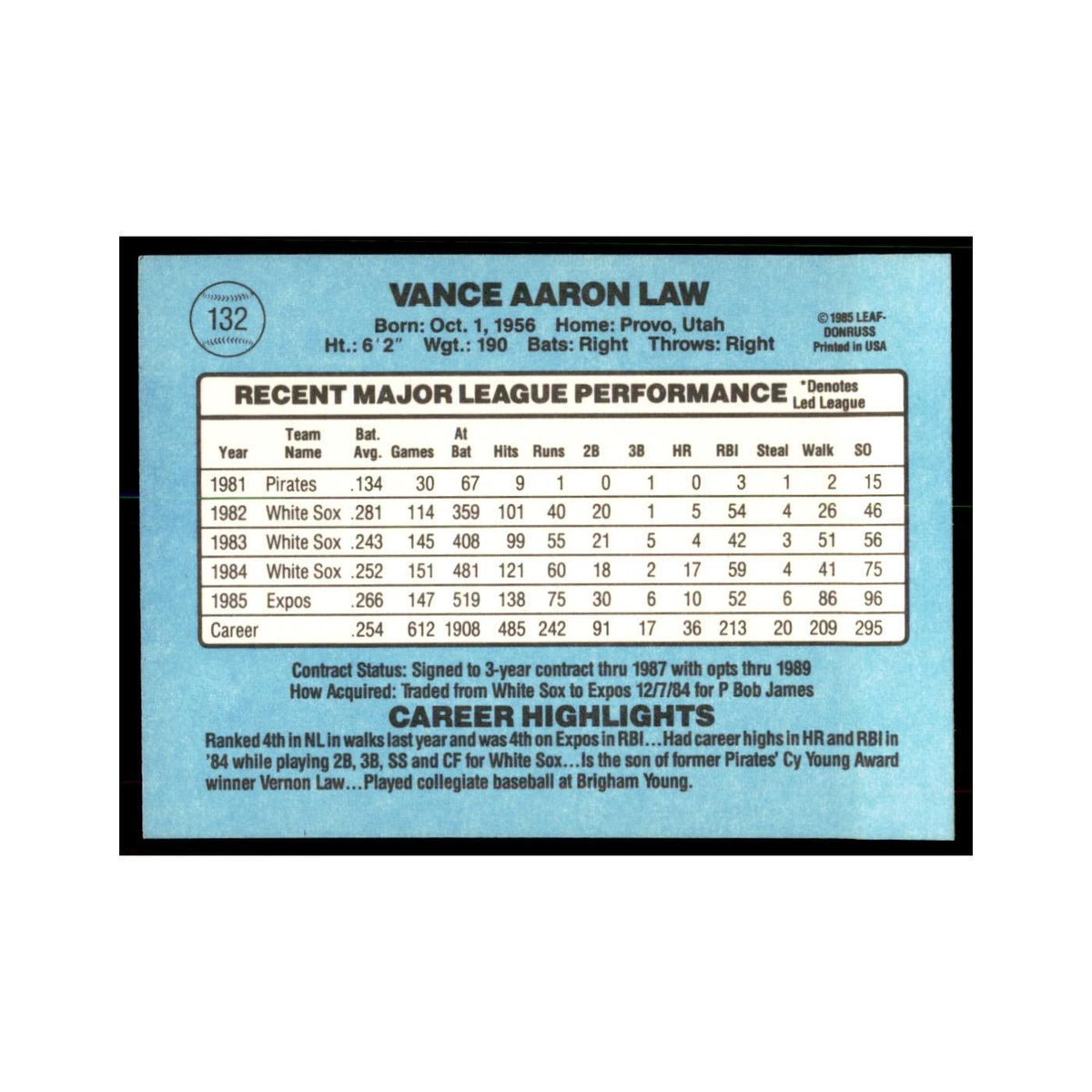 1986 Donruss Vance Law Montreal Expos #132