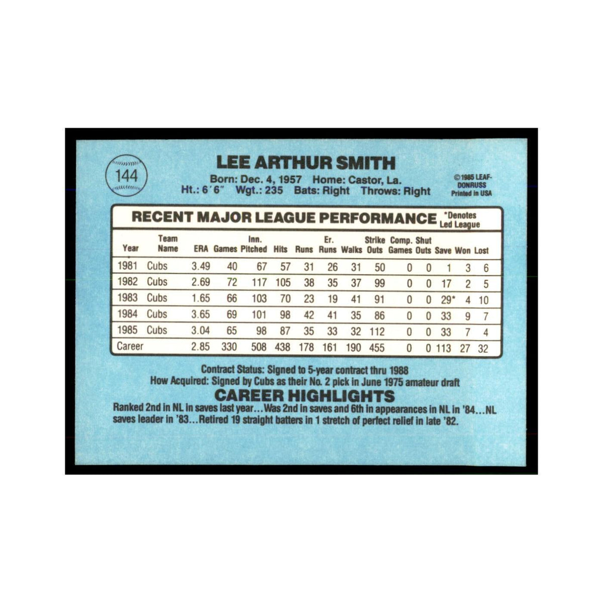1986 Donruss Lee Smith Cubs #144