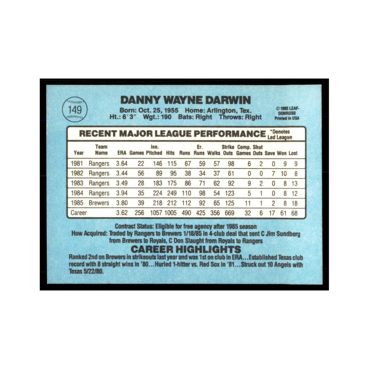 1986 Donruss Danny Darwin Brewers #149