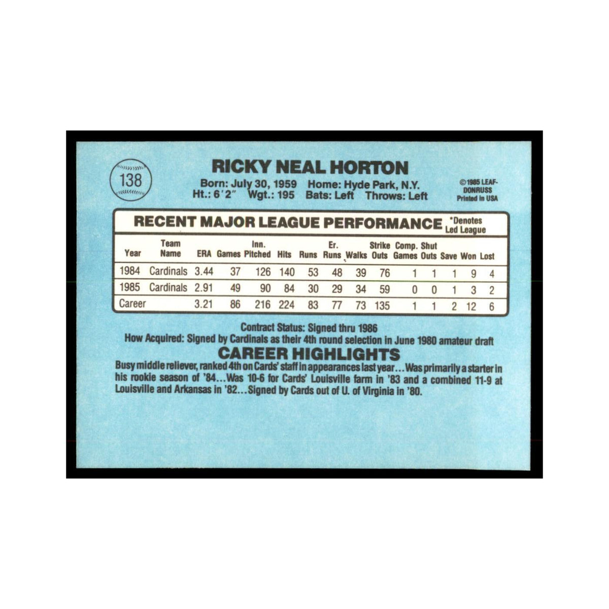1986 Donruss Ricky Horton Cardinals #138