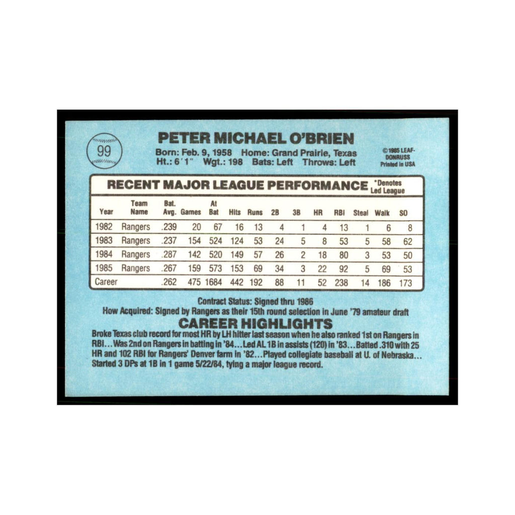 1986 Donruss Pete O'Brien Rangers #99
