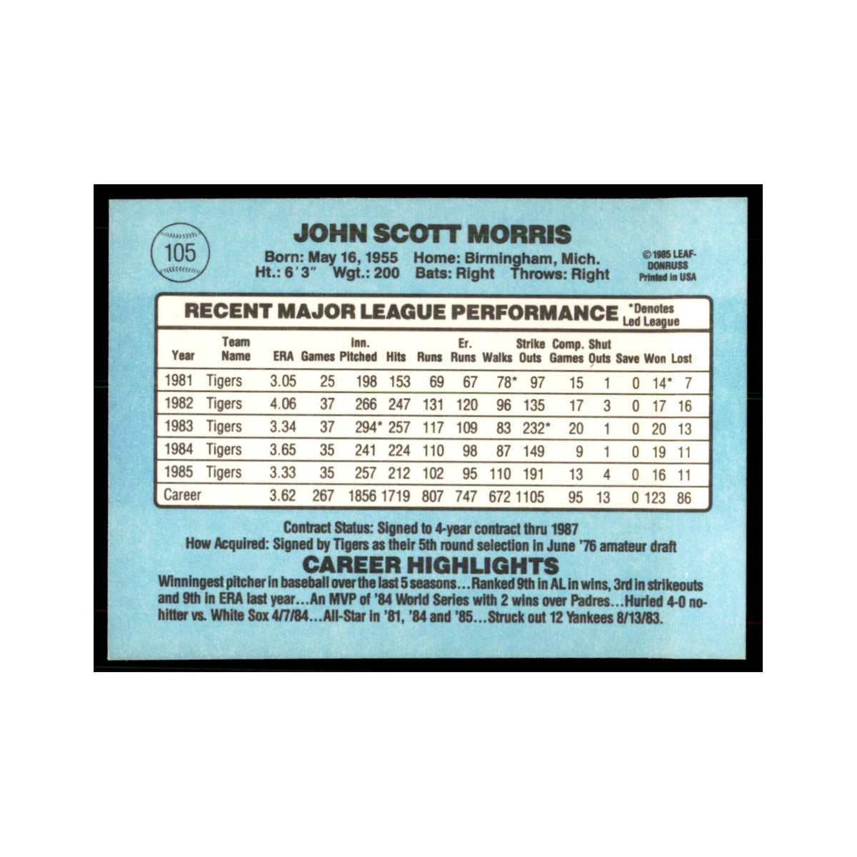 1986 Donruss Jack Morris Tigers #105