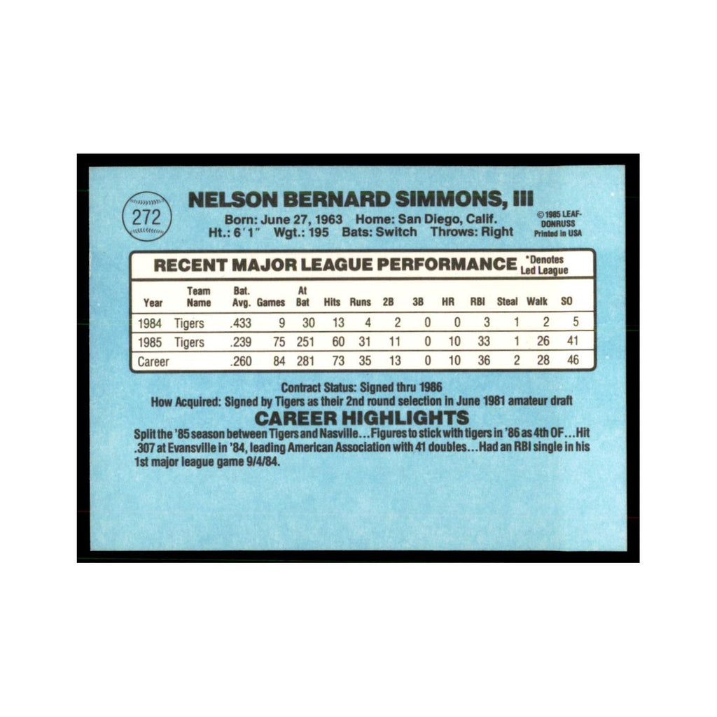 1986 Donruss Nelson Simmons RC Tigers #272