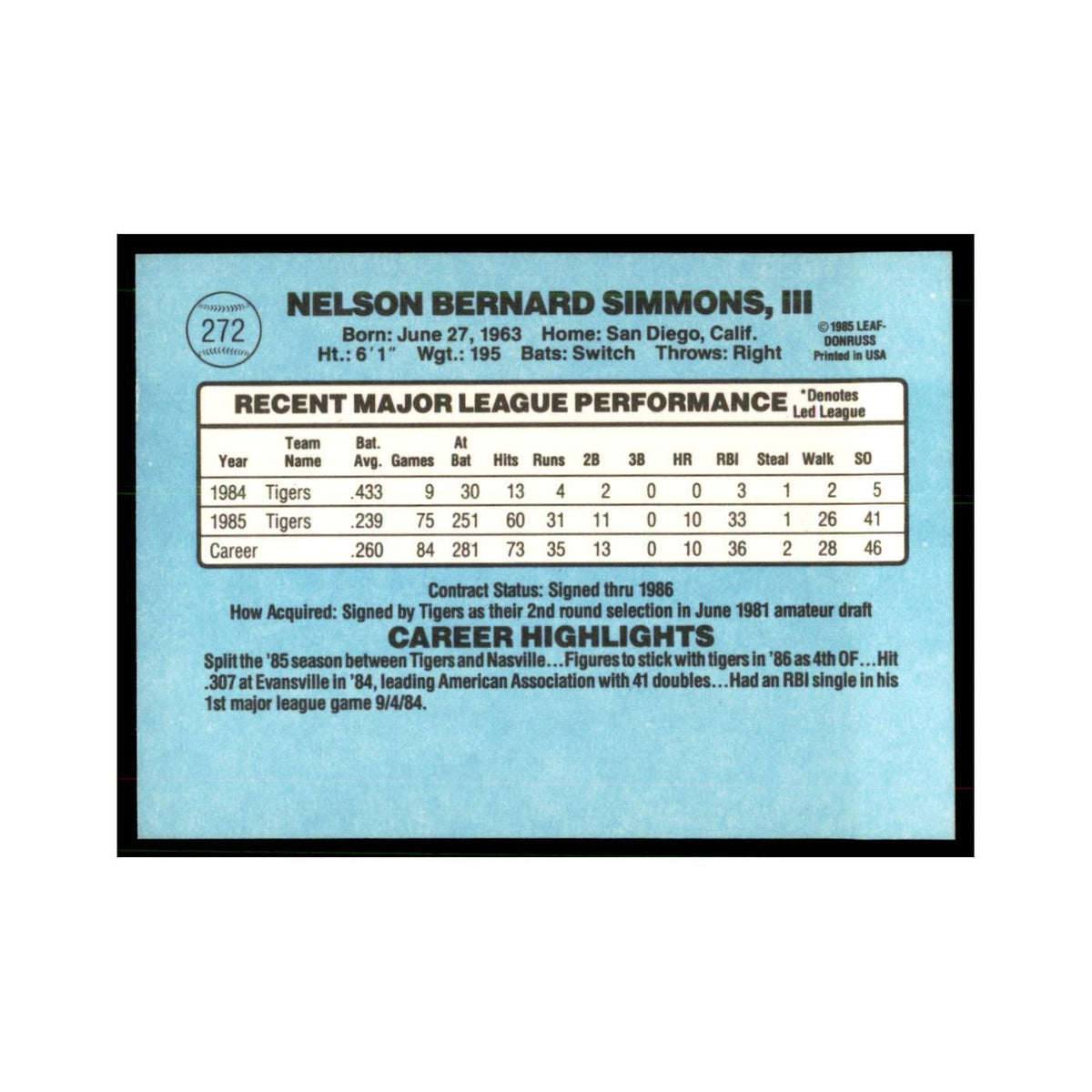1986 Donruss Nelson Simmons RC Tigers #272