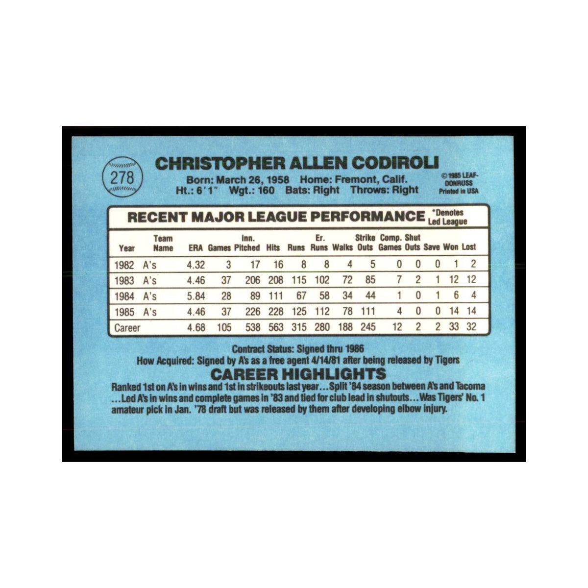 1986 Donruss Chris Codiroli Athletics #278
