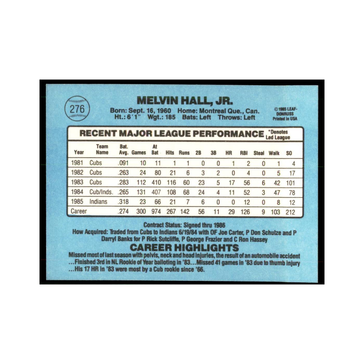 1986 Donruss Mel Hall Indians #276