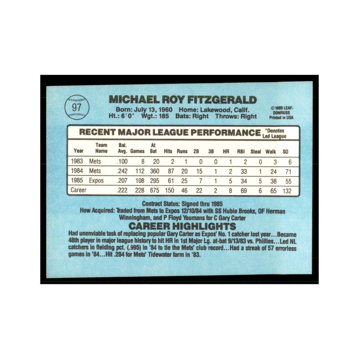 1986 Donruss Mike Fitzgerald Montreal Expos #97