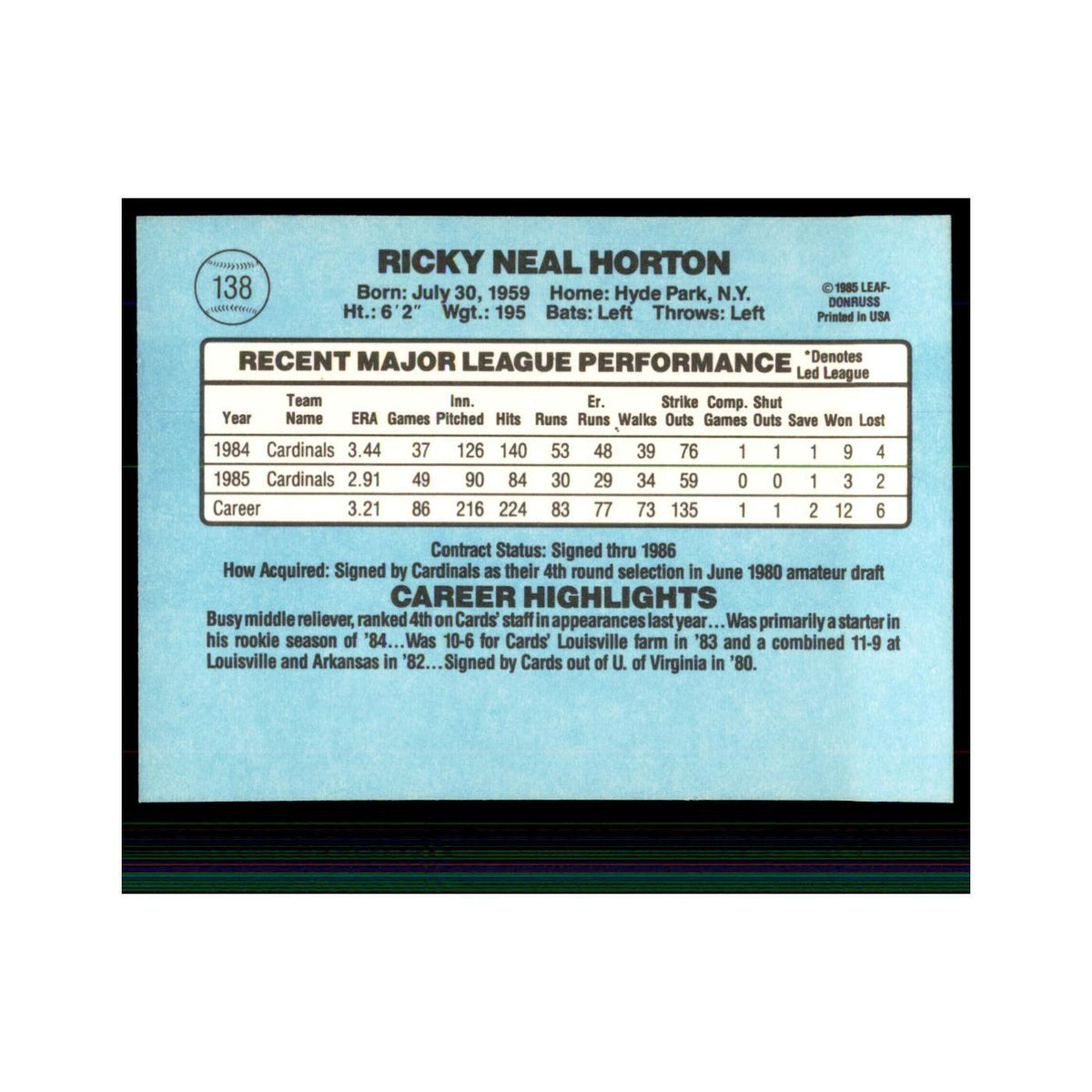 1986 Donruss Ricky Horton Cardinals #138