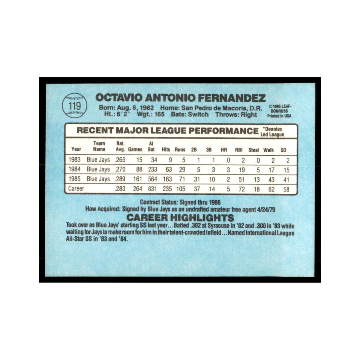 1986 Donruss Tony Fernandez Blue Jays #119