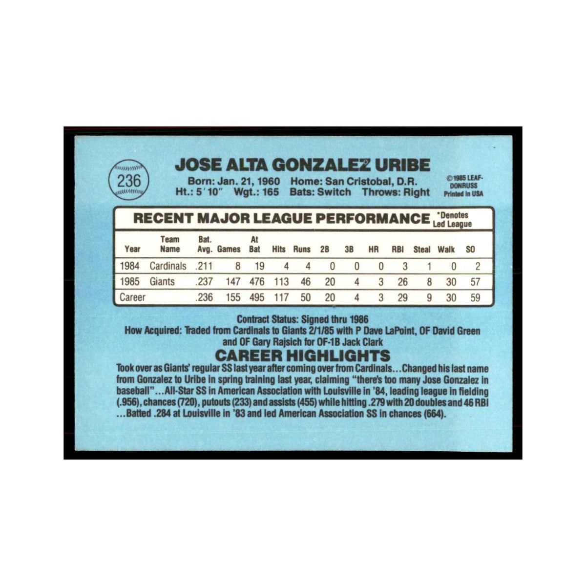 1986 Donruss Jose Uribe RC Giants #236