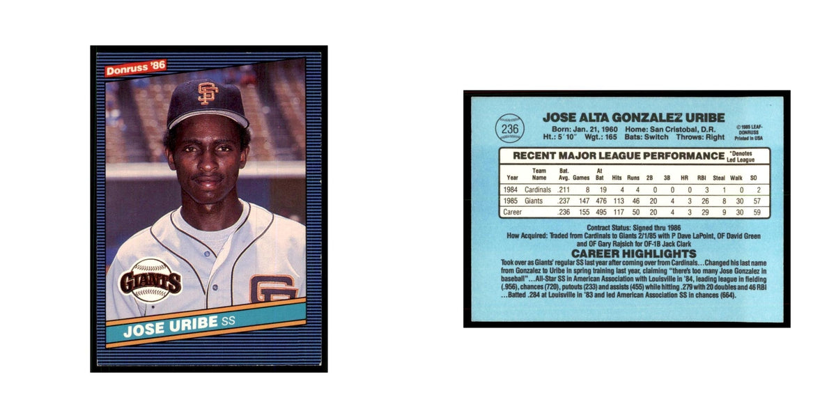 1986 Donruss Jose Uribe RC Giants #236