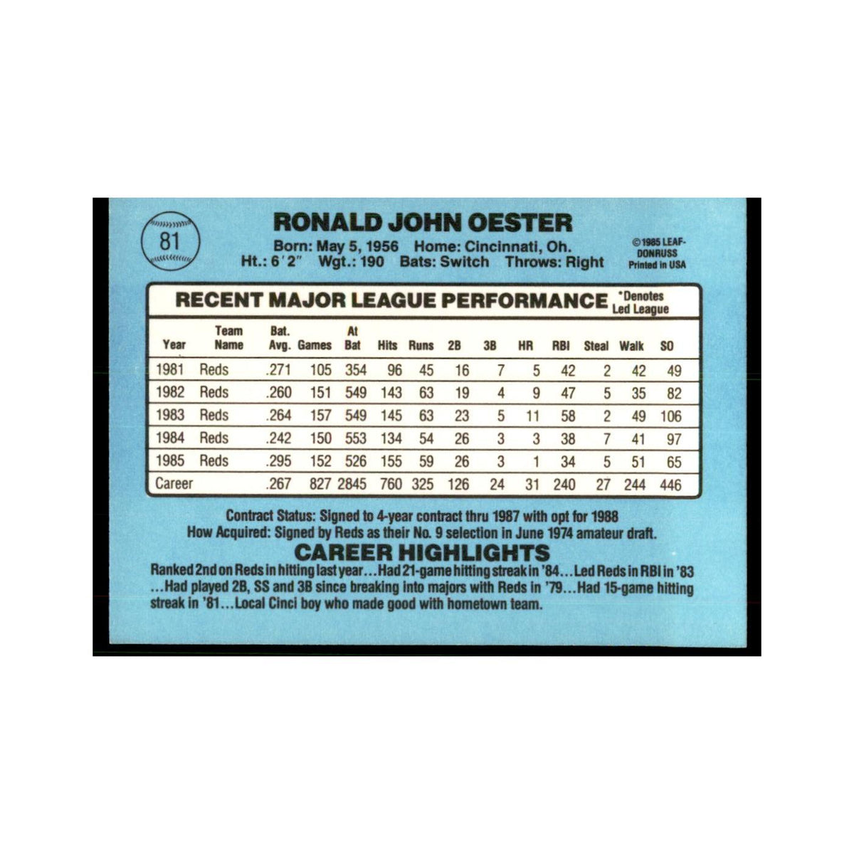1986 Donruss Ron Oester Reds #81
