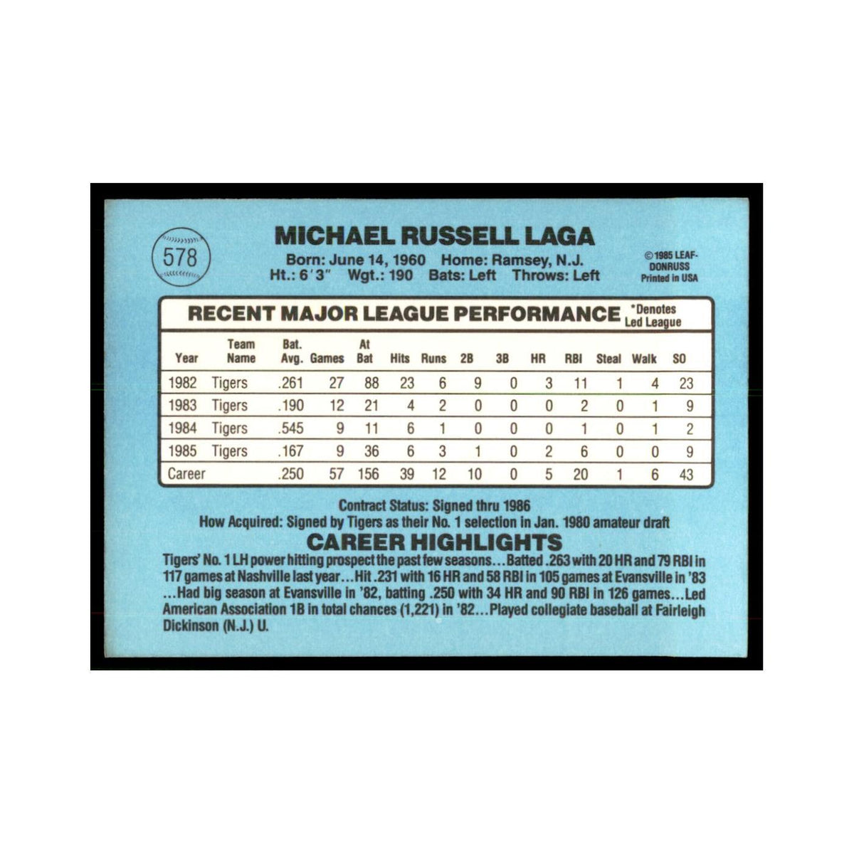 1986 Donruss Mike Laga Tigers #578