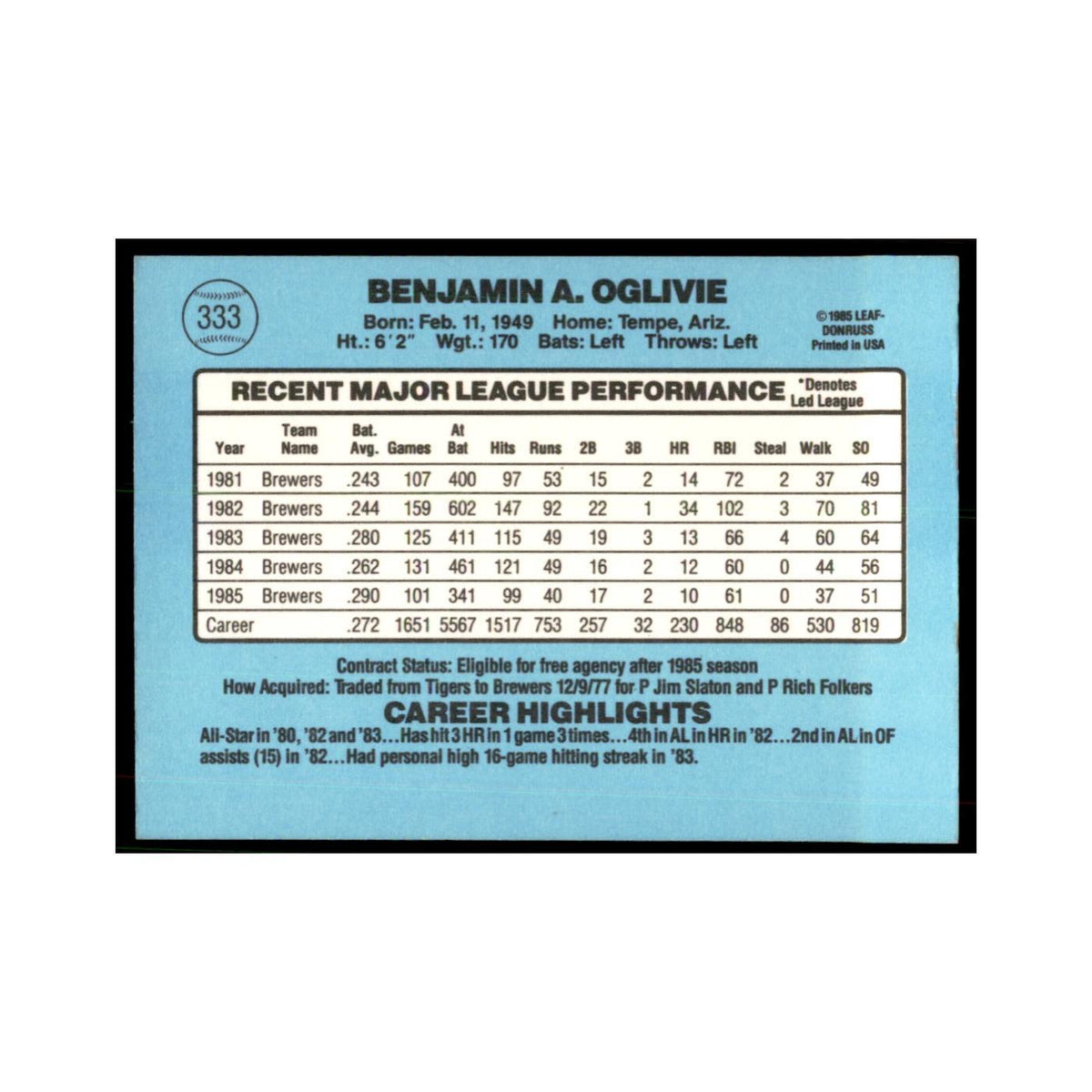 1986 Donruss Ben Oglivie Brewers #333